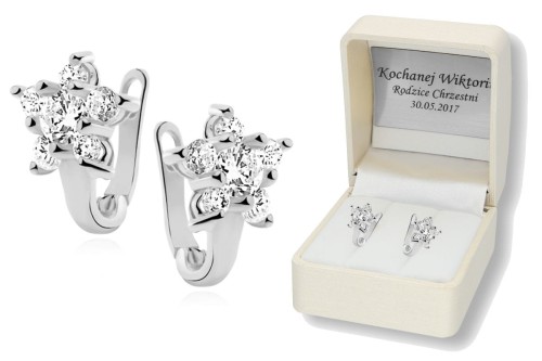 Srebrne kolczyki pr.925 w pudełku z grawerem BIAŁA CYRKONI
