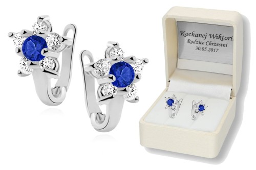 Srebrne kolczyki pr.925 w pudełku z grawerem SZAFIROWA CYRKONIA