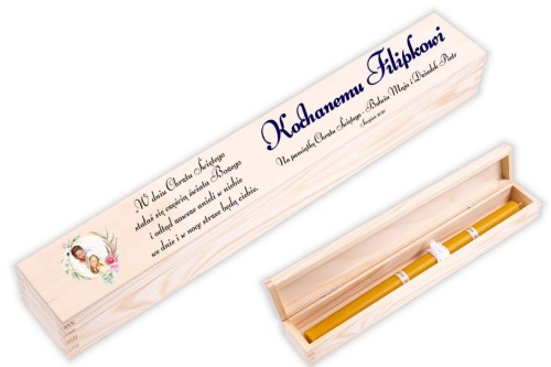 Pudełko drewniane EKO ♻ z nadrukiem UV "Św. Rodzina" - Pamiątka Chrztu Świętego gromnica