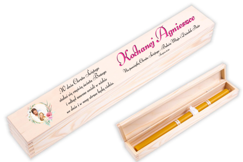 Pudełko drewniane EKO ♻ z nadrukiem UV "Św. Rodzina" - Pamiątka Chrztu Świętego gromnica