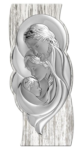 Obrazek srebrny - Święta Rodzina na zdobionym drewnie - 8x17,6