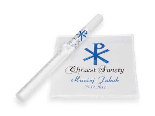 Zestaw do Chrztu z MEDALIKIEM i monogramem CHRYSTUSA - niebieski 