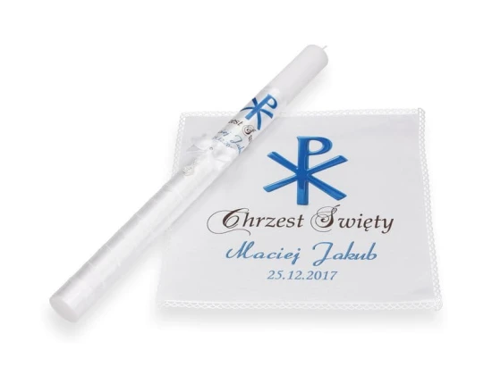 Zestaw do Chrztu z MEDALIKIEM i monogramem CHRYSTUSA - niebieski 