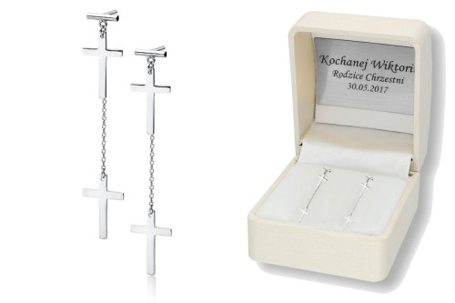 Srebrne kolczyki pr.925 w pudełku z grawerem KRZYŻYK CELEBRYTKA