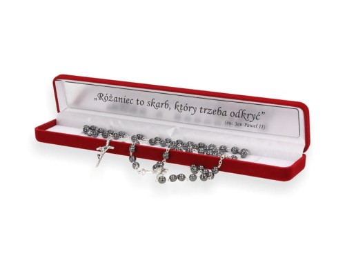 Zestaw PREMIUM. Różaniec IHS + ozdobne pudełko z grawerem