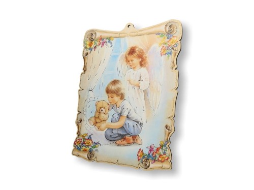 Obrazek pastelowy - Anioł Stróż - chłopczyk z misiem