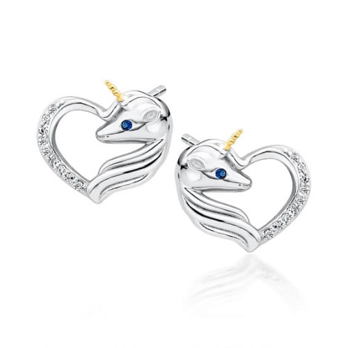 Srebrne kolczyki pr.925 w pudełku z grawerem JEDNOROŻEC Z SZAFIROWYM OKIEM serce