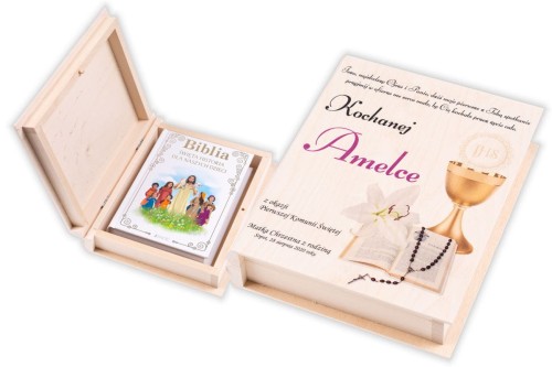 Biblia w pudełku drewnianym EKO ♻ z nadrukiem UV - Pamiątka I Komunii Świętej
