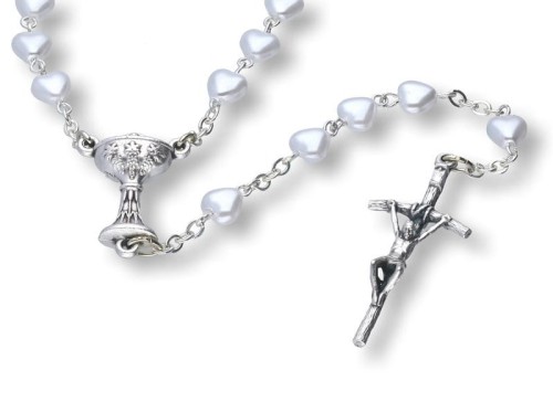 Różaniec IHS serduszka biały