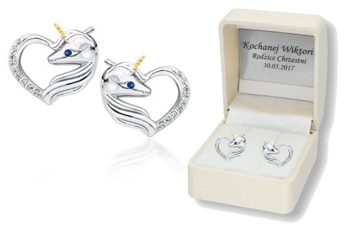 Srebrne kolczyki pr.925 w pudełku z grawerem JEDNOROŻEC Z SZAFIROWYM OKIEM serce