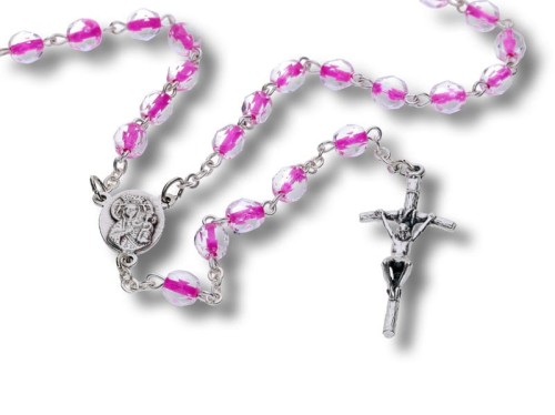 Różaniec kryształkowy różowy (nitka) 45cm